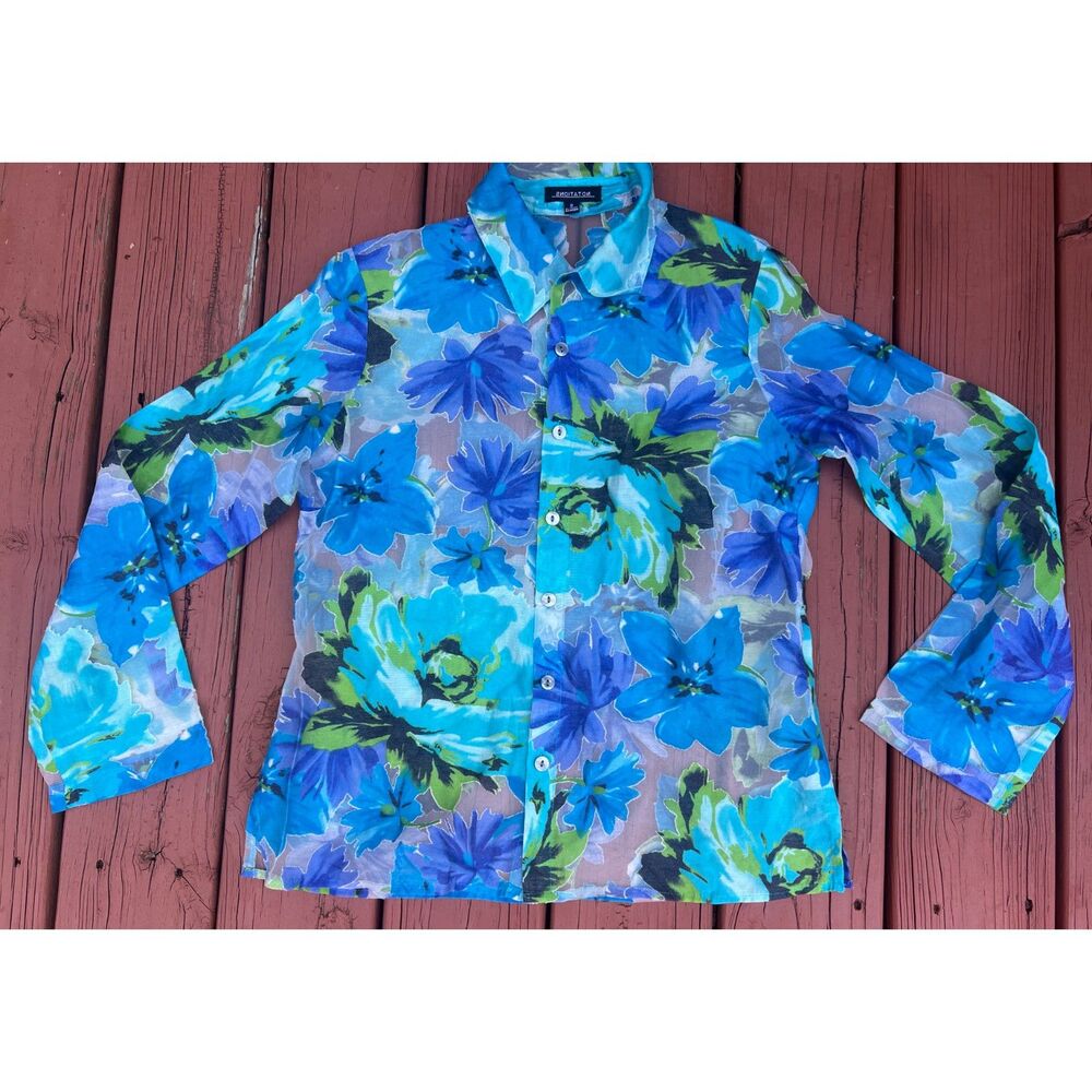 Notations Sheer Blue Floral Button-Down Shirt Women's Long Sleeve Top Blouse